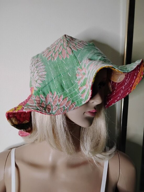 Kantha Sun Hat Mint Green Tropical Print M-L Reversible Handmade Beach KS18. main image 7